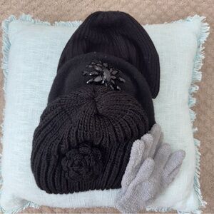Elegant Black Knit Women's Hat Set of 3 + Gray Fuzzy Gloves